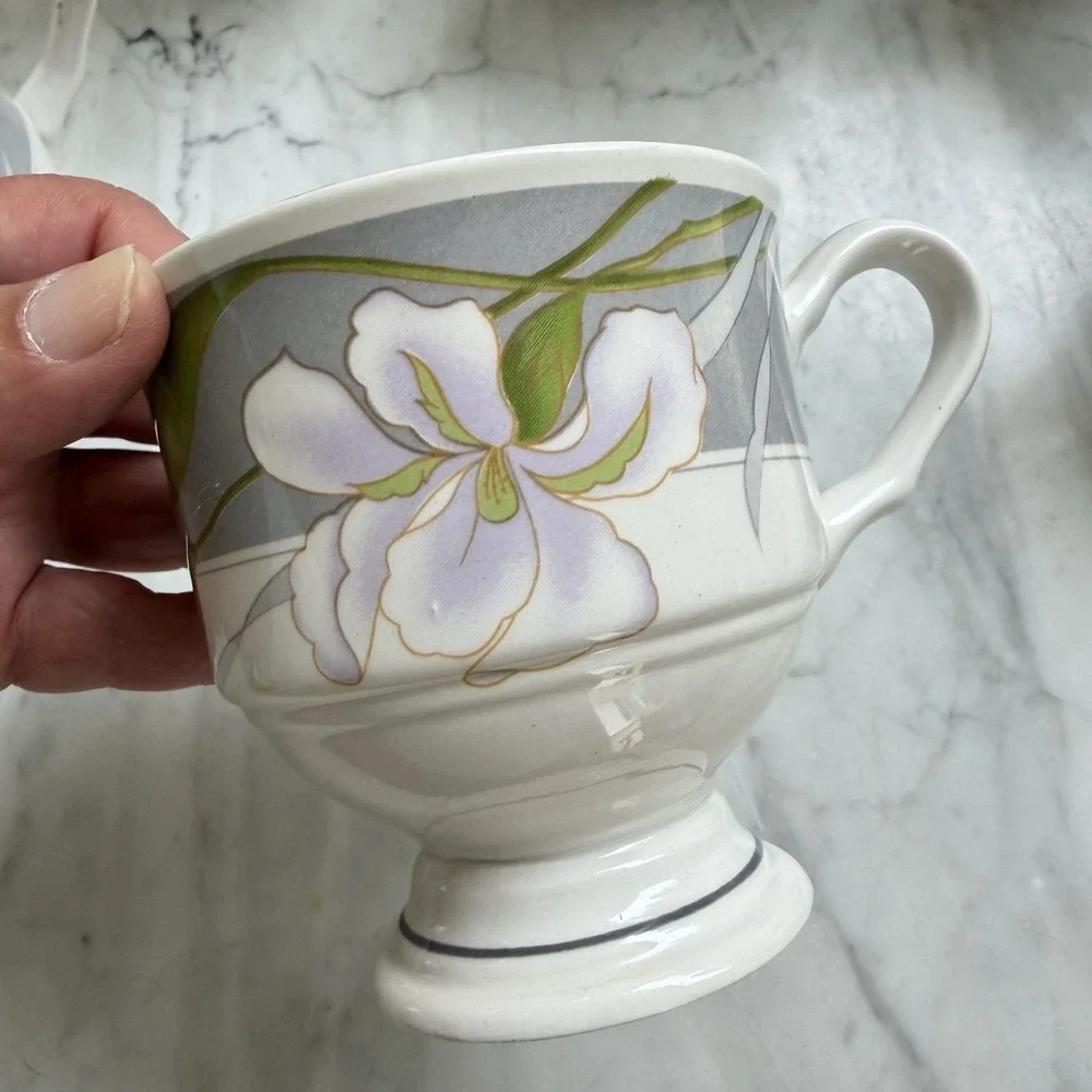 Sangostone Sango Chanson Footed Coffee Cups Tea Cups (6) Gray Green Peach #3669